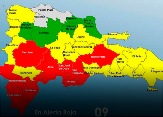 La región Sur y Monte Plata en alerta Roja, el Gran Santo Domingo y 14 provincias en amarilla