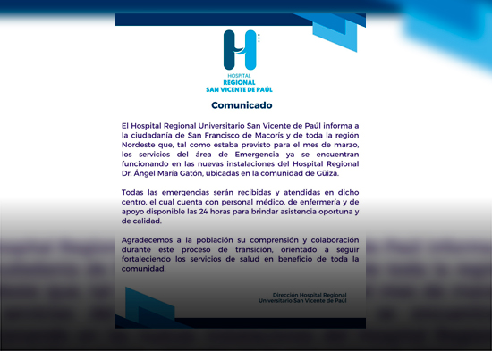 Hospital Regional Universitario Dr. Ángel María Gatón entra en fase 3 y amplía servicios de atención médica
